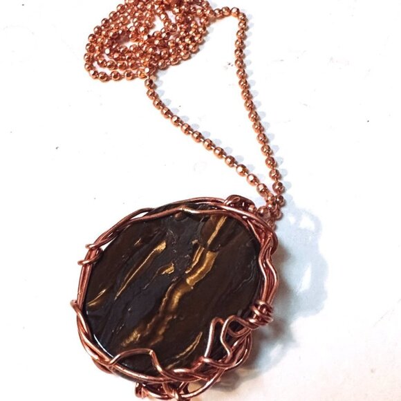 Tigers Eye Pendant Necklace Solid Pure Copper Chain Unisex Handmade Gift Tiger's - Picture 4 of 6